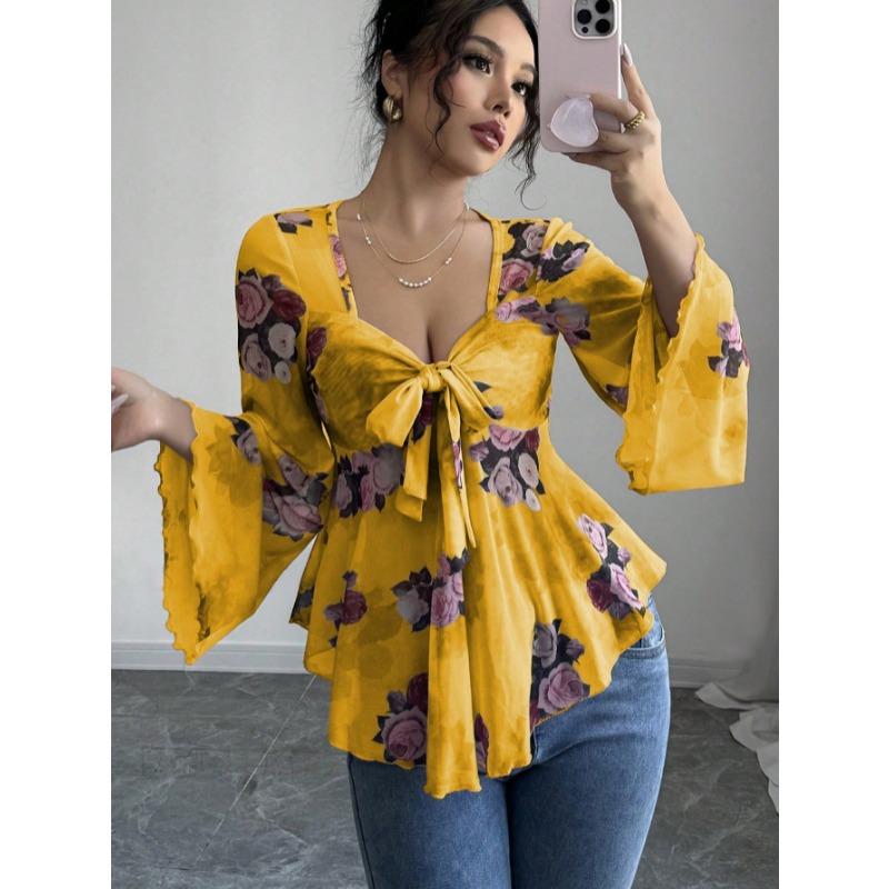 Fashion Square Collar Sweet Flower Printed Women Blouse Blending Tie Long Sleeved Shirt Ladies Loose Irregular Tops Elegant Slim Fit Casual Clothing