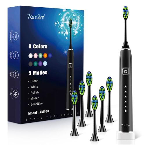 7am2m Electric Toothbrush, Ultrasonic Sonic Toothbrush with Vibrating Brush, 6 Replacement Brushes, Wireless Fast Charging, 90 Days of Use On a Single