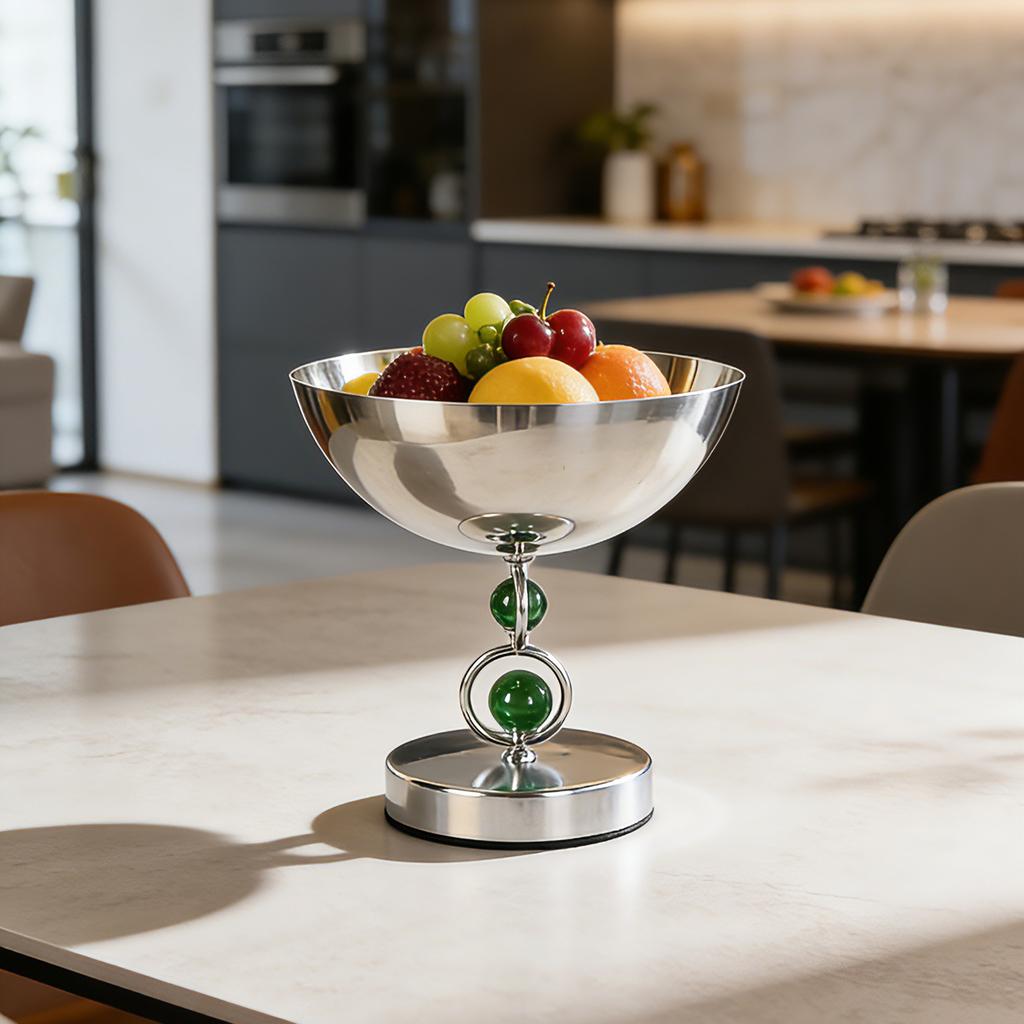 2026 Ramadan Eid Luxury Home Decoration Silver Color Mirror Stainless Steel Chocolate Bowls with Green Beads Design Two Sizes