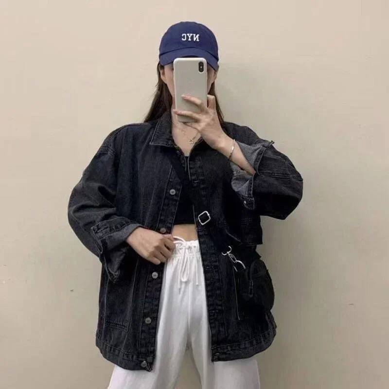 Spring Women Denim Jacket Korean Long Sleeve Loose Jeans Coat Woman Bf Unisex Wild Big Pockets Buttons Outerwear