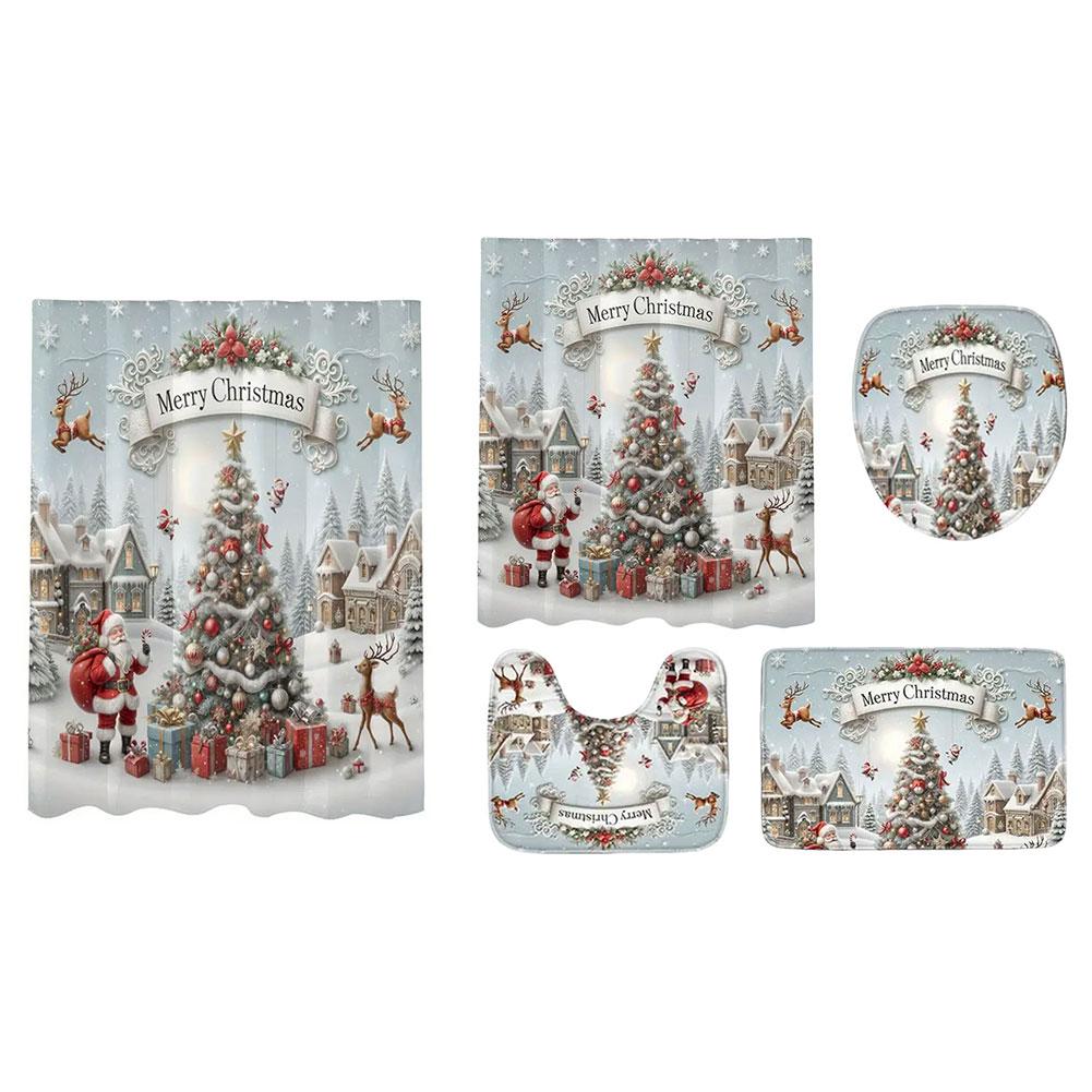 Christmas Shower Curtain Machine Washable Bathtub Curtain with Non-Slip Rugs Toilet Lid Cover and Bath Mat for Bathroom Decor