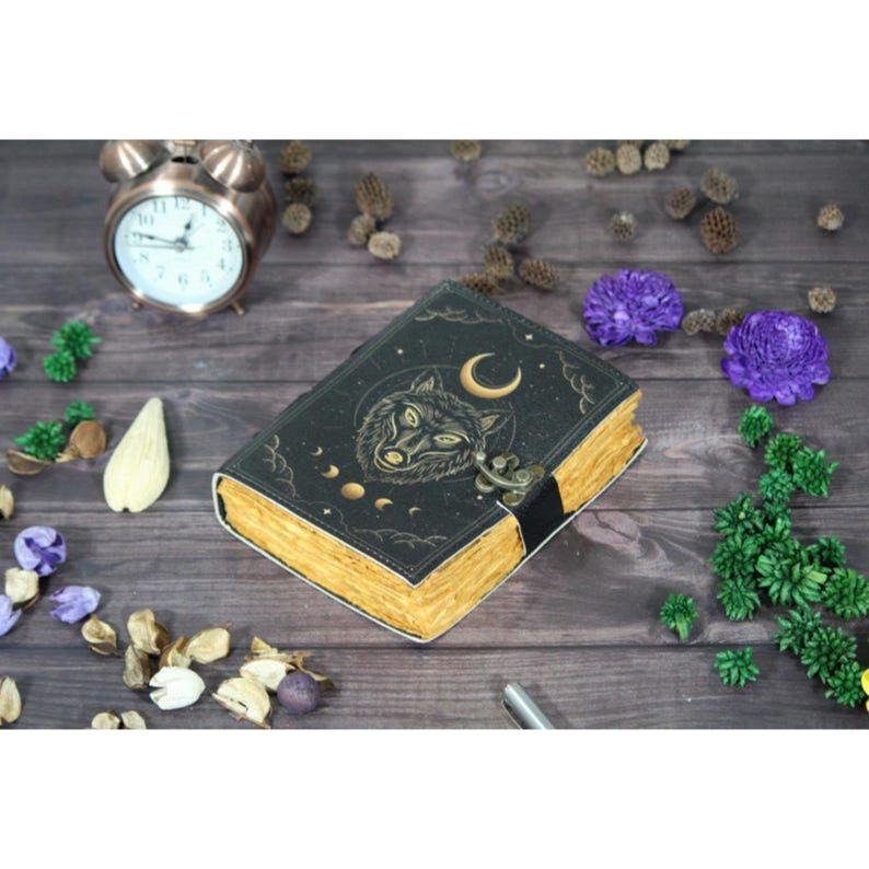 Handmade Leather Journal: Wolf & Moon Embossed Deckle Edge Paper