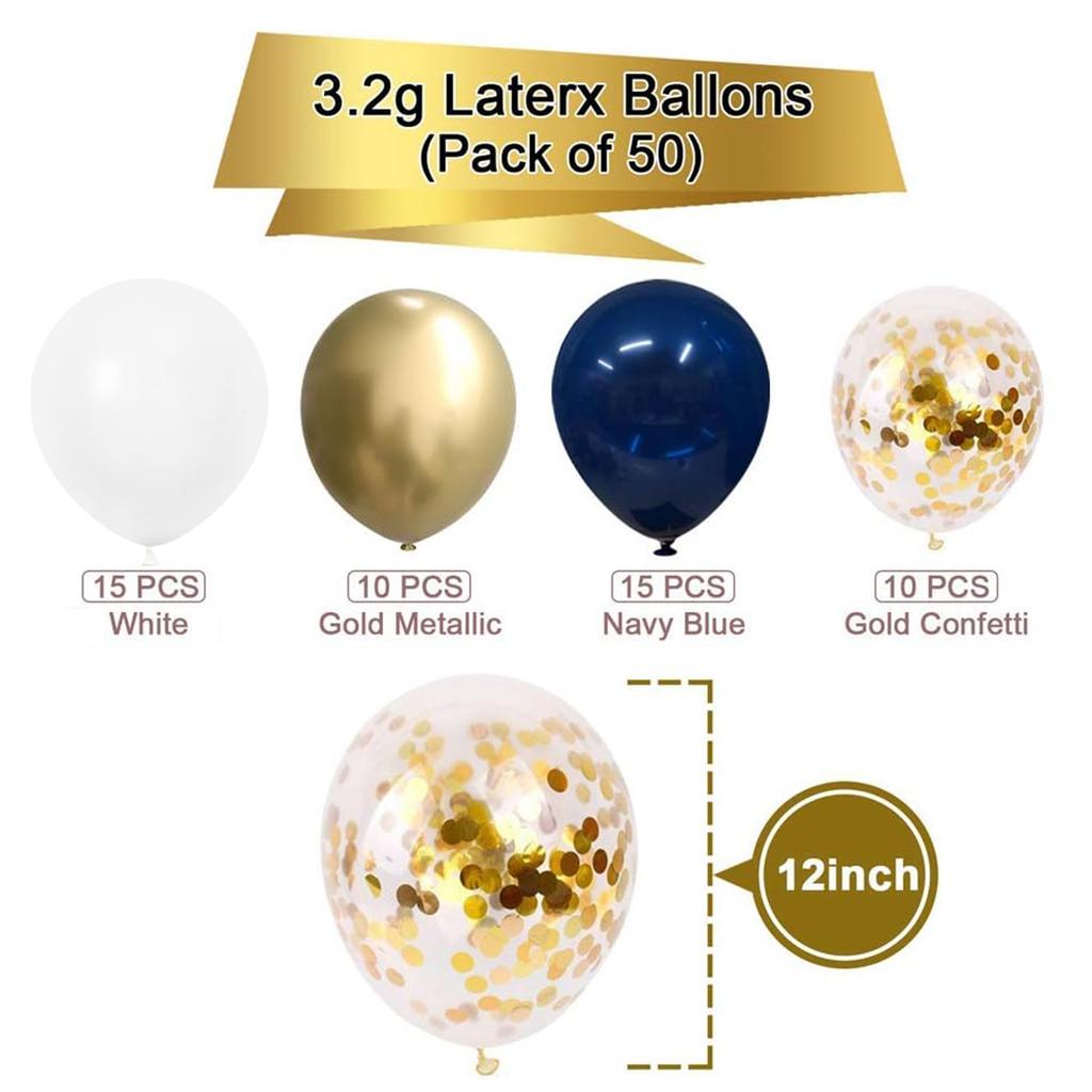 12inch 50pcs White Night Blue and Gold Balloon Set, Suitable for Weddings, Birthdays,engagement Parties, Family Gatherings