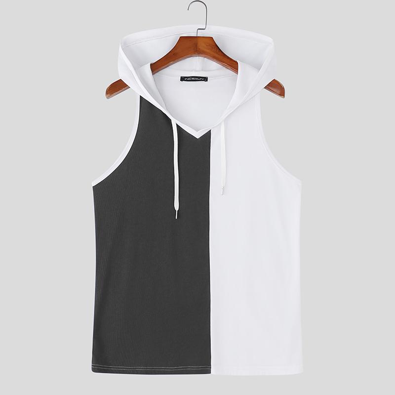 INCERUN Summer Men Sleeveless Stitching Sport Hooded Tank Tops