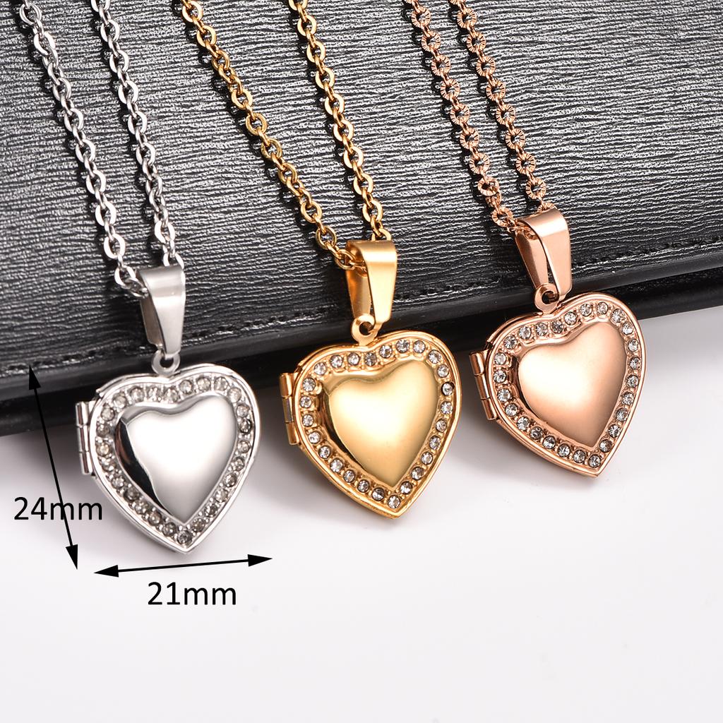 Stainless Steel Zirconia Heart Photo Locket Pendant Openable Picture Box Frame Charms Chain Necklace for Women Men Metal Jewelry