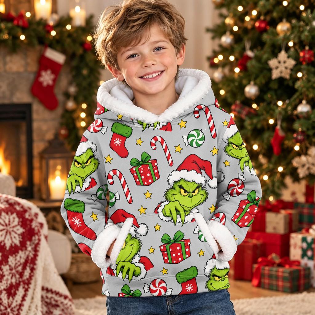 Kids Long Sleeve Christmas Print Hoodie Casual Pullover Top for Holiday Wear