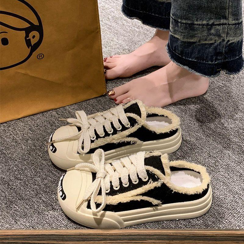 Xiaoxiangfeng smiles canvas slippers women's 2025 summer new baotou half drag super fire pink thick baseplate shoes
