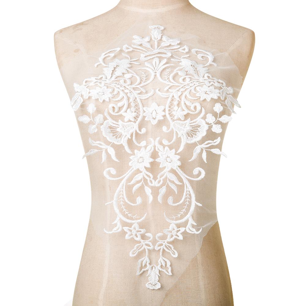 1Pc White Golden Patch Appliques Embroidery Lace Trim Fabric Cloth Sewing Patchwork DIY Craft 42*27cm