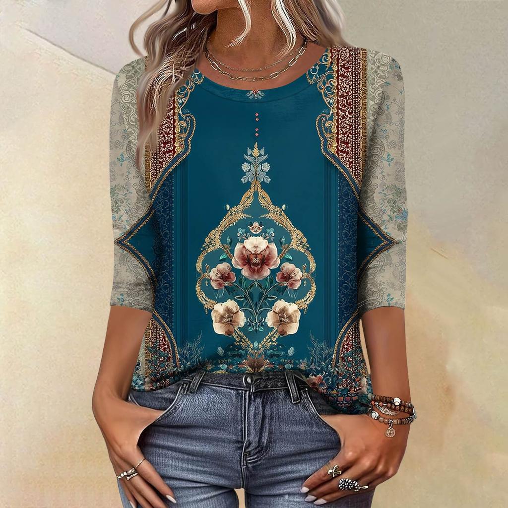 Trendy Vintage 3/4 Sleeve Top For Women,Ladies Casual Three Quarter Sleeve Round Collar Printed T-Shirt Blouse