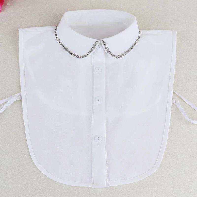 Fashion Ladies Fake Collar for Women Chiffon Fake Collar Rhinestone False Collar Lapel Detachable Button Half-Shirt Blouse Top