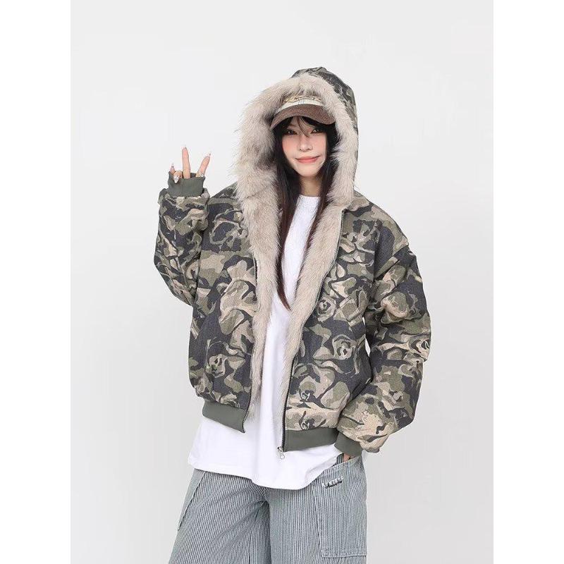 Men's Winter Camouflage Fur Collar Hooded Cotton Jacket - Thick, Scruffy, Casual Streetwear