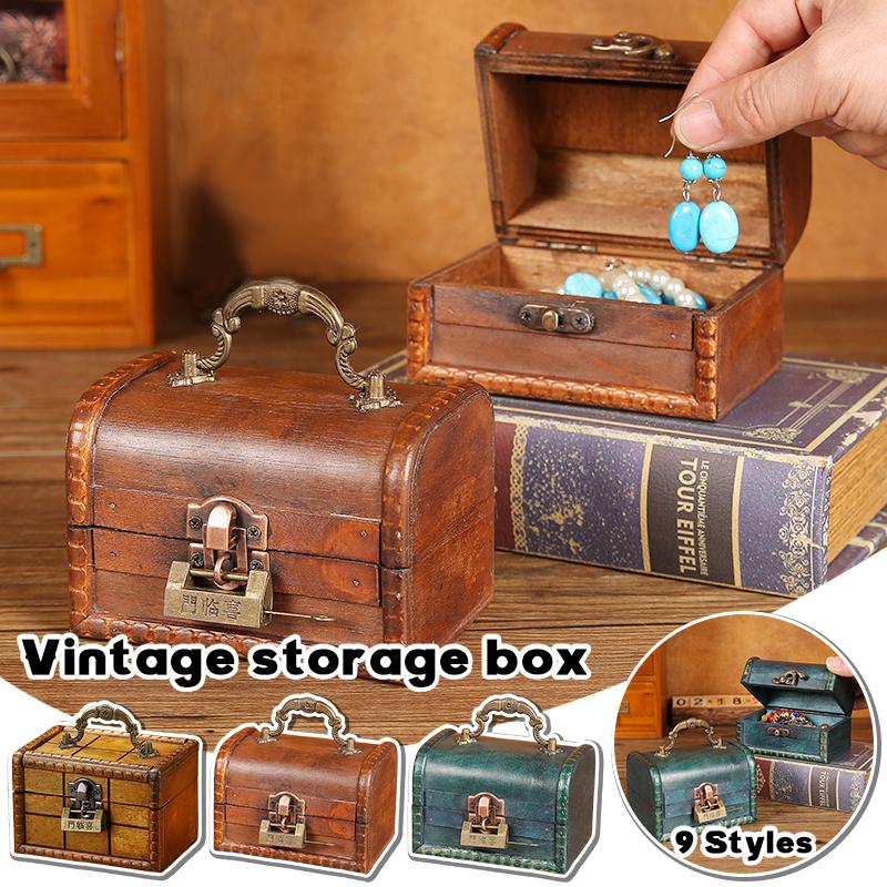 Wooden Antique Chest Box Medieval Vintage Mini Suitcase Treasure Necklaces Jewelry Organizer Gift Box with Lock Photo Green