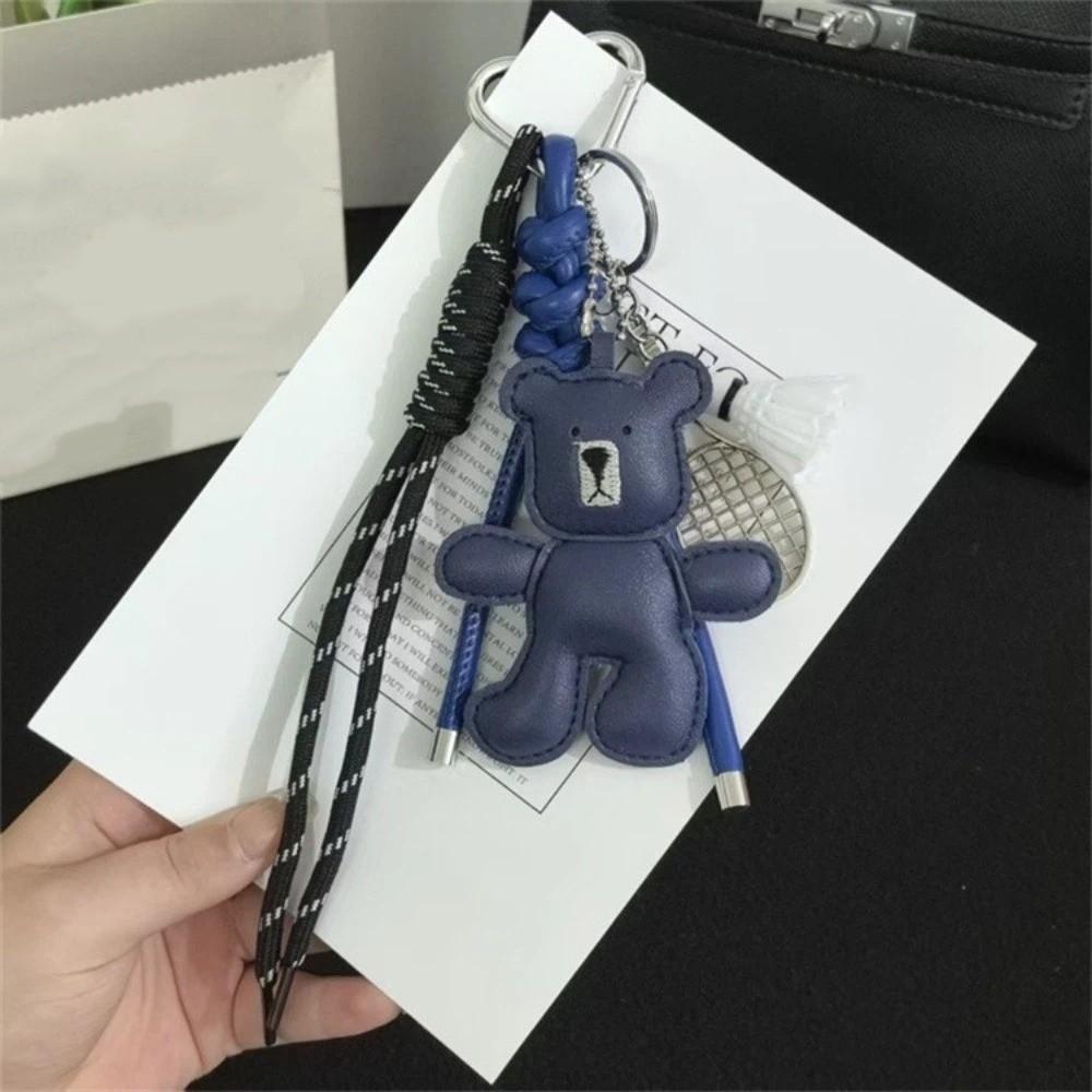 Badminton Bear Racket Keychain Woven Rope Little Bear Bag Hanging Leather Bag Pendant  Friendship