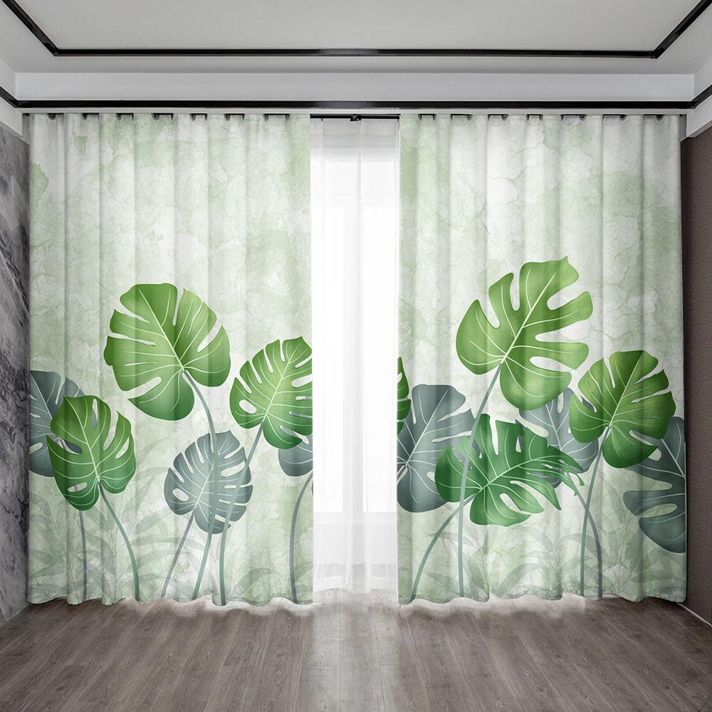 

2 шт. Шторы для украшения дома с зелеными листьями и карманами для штанг, кухня, кофейня, гостиная, балкон, сад 75x166 cm&Without mount