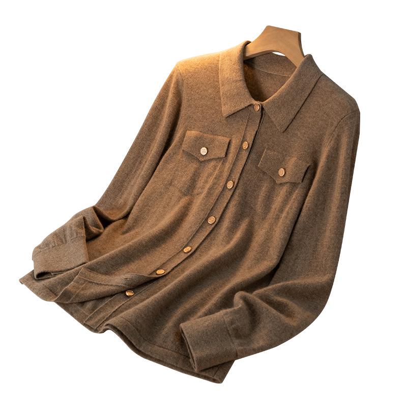 2025 Fall/Winter Women's Cashmere Polo Collar Tie-Up Cardigan with Long Sleeves