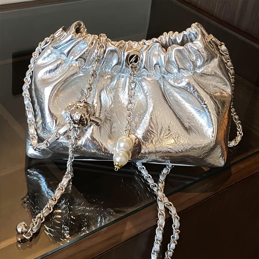 Women's Metallic PU Leather Shoulder Bag Fashionable Chain Strap Bucket Crossbody Purse Elegant Design Women's Evening Dress Bridal Wedding Handbag