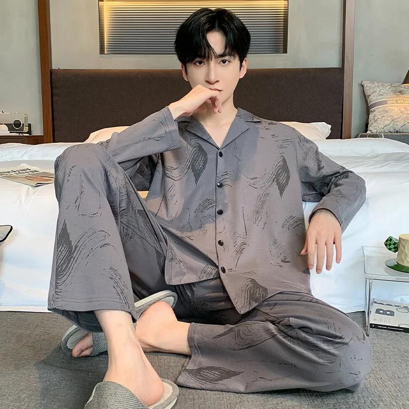 

Пижамы мужские модные пижамы брюки с длинным рукавом мужская пижама для сна с принтом хлопковая пижама для мужчин кардиган комплекты L for 50-62kg