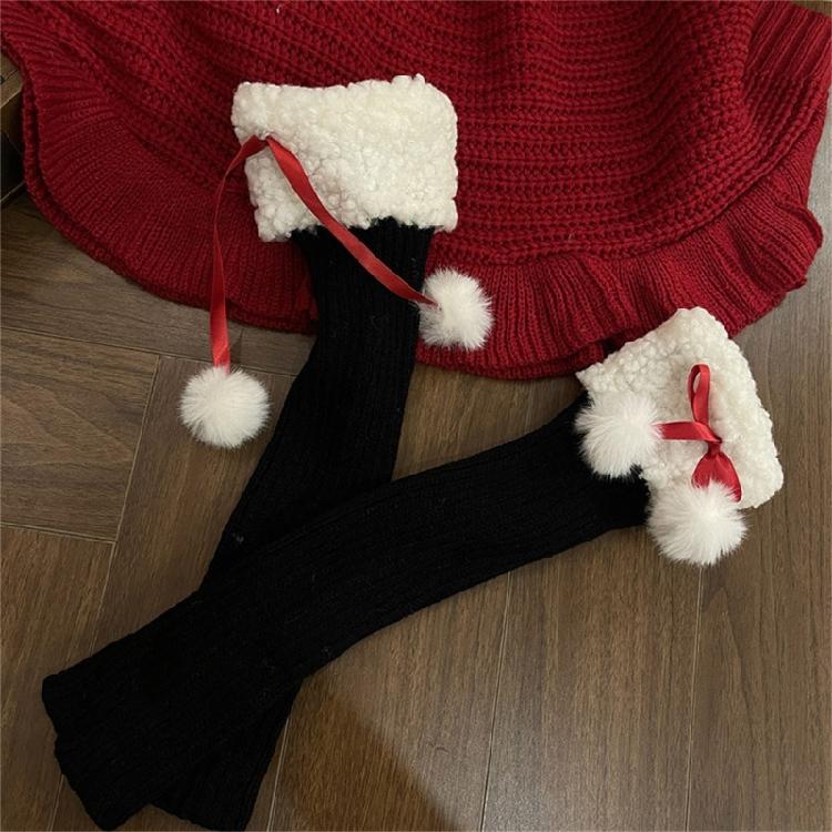 Y2K Women Knit Leg Warmer Christmas Plush Bow Furry Trim Srunch Long Boot Socks
