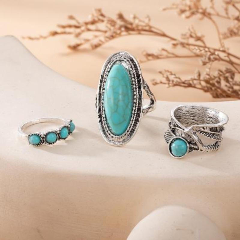 3 Teile/satz Frauen Finger Ring Set Böhmen Stil Unregelmäßigen Faux Türkis Dekor Breite Finger Band Schmuck Geschenk