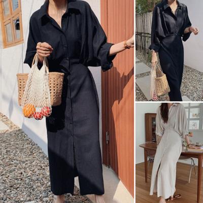 Vestido feminino primavera outono solto lapela cor sólida single-breasted bainha dividida macia manga comprida retrô casual viagem plissada maxi vestido