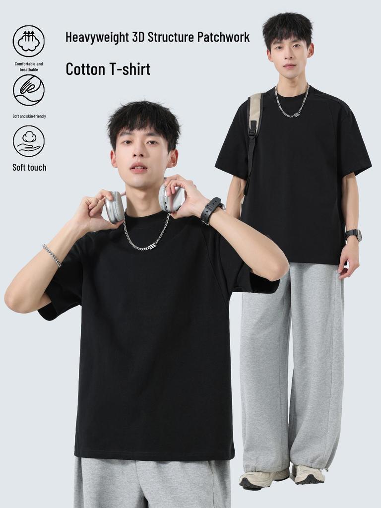 Men's Heavyweight Crew Neck Pure Cotton Patchwork T-shirt - Summer American Style