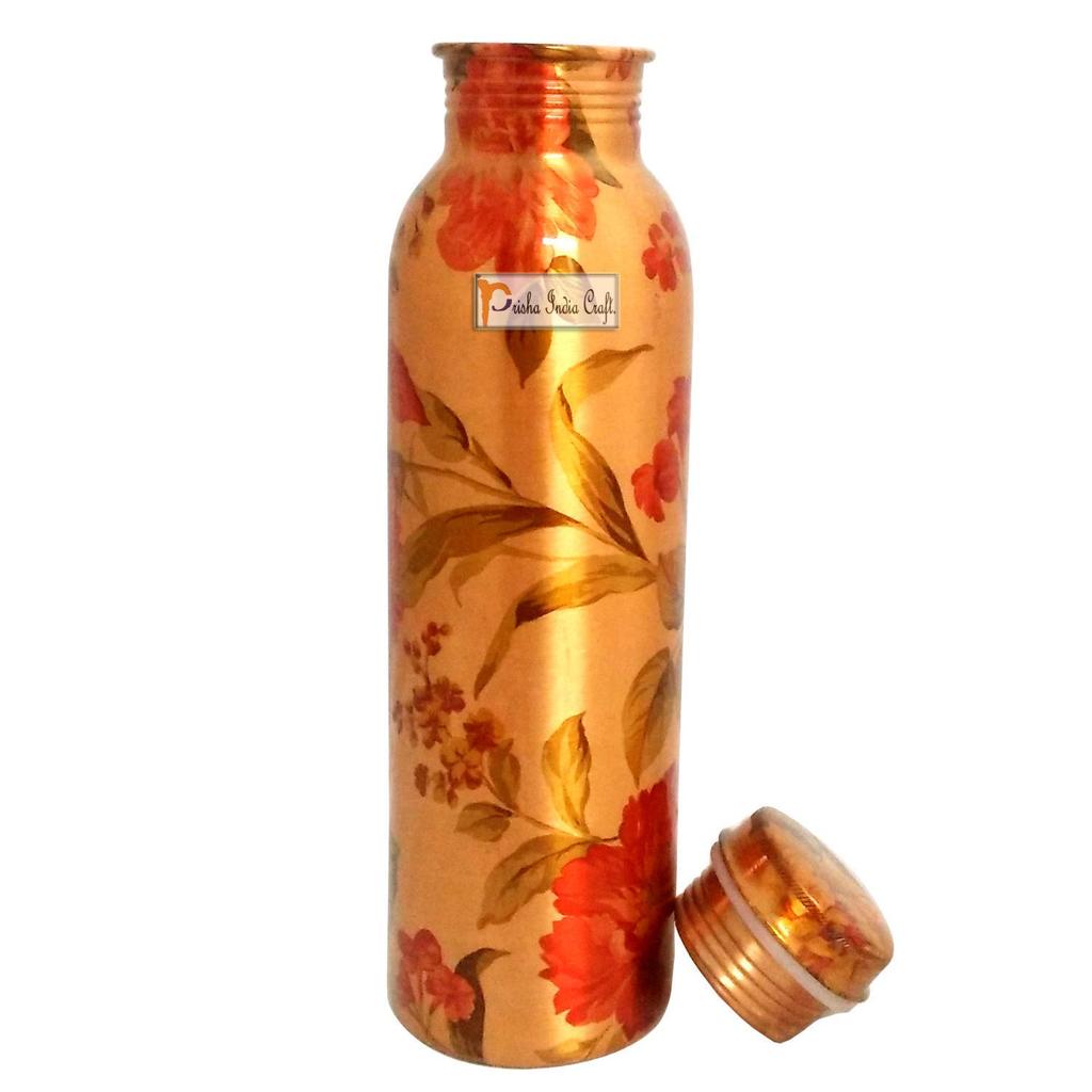 Prisha India Craft Pure Copper Water Bottle, Digital Printed, Flower Design, 900 ML