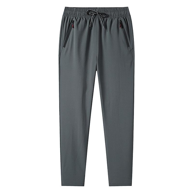 Summer Men's Quick Dry Casual Pants Elastic Waist Drawstring Zipper Pocket Straight Leg Trousers