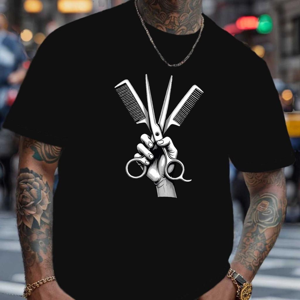 Barber Scissors Combs Graphic Mens Casual Cotton Blend Round Neck TShirt Short Sleeve Daily Tee Daily Tee
