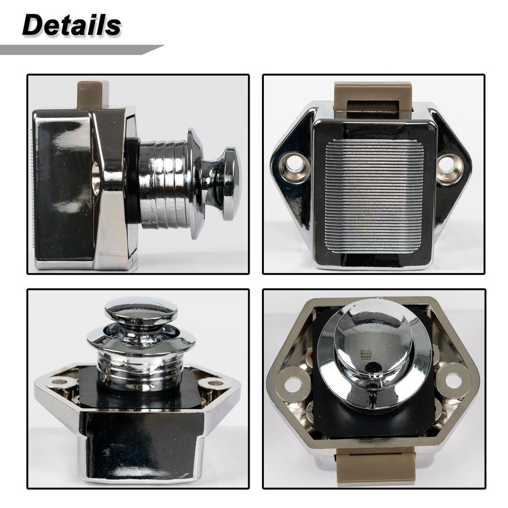 2x Chrome Push Button Szuflada Szafka Drzwi Zatrzask Gałka Zamki Szafki Bezpieczeństwo Blokada Ochrona Catch Lock Caravan RV Samochód kempingowy