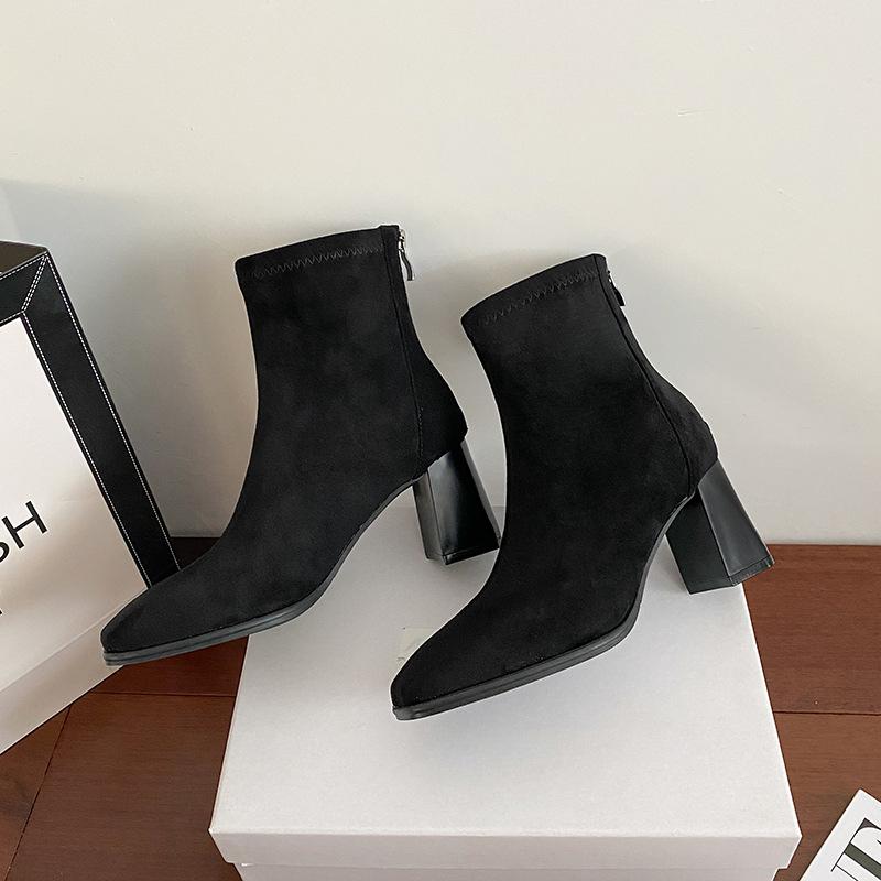 High Heel Autumn and Winter Short Boots Children Small Skinny Boots Black Suede Square Heel Thick Heel Short Boots