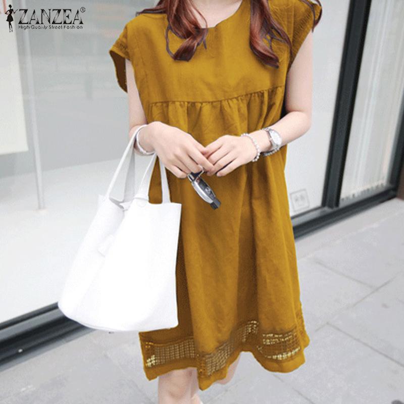 

ZANZEA повседневное свободное летнее платье с круглым вырезом и короткими рукавами