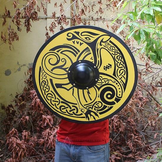 Viking Round Shield Dragon Face Medieval Warrior Wooden 60.96 Cm Handcrafted Shield
