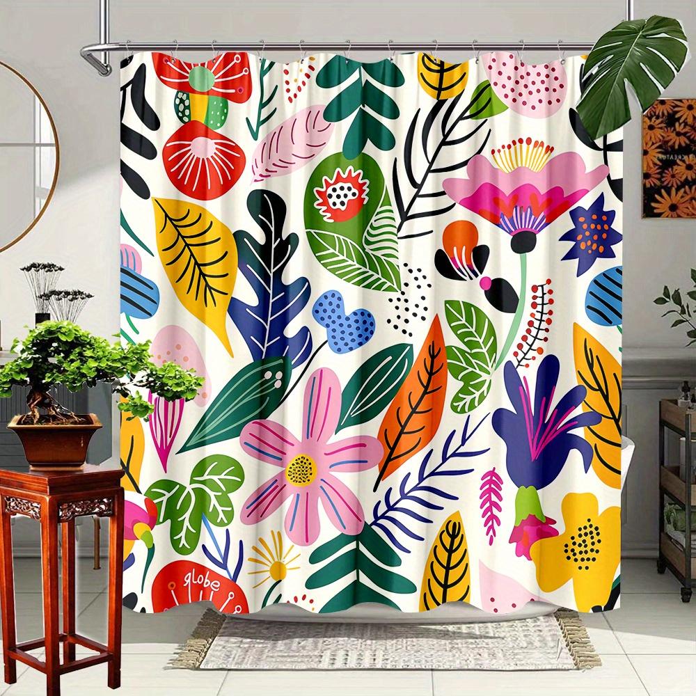 1Pc Vibrant Tropical Botanical Floral Shower Curtain - Nature-Inspired Design With Artful Leaves And Blossoms
