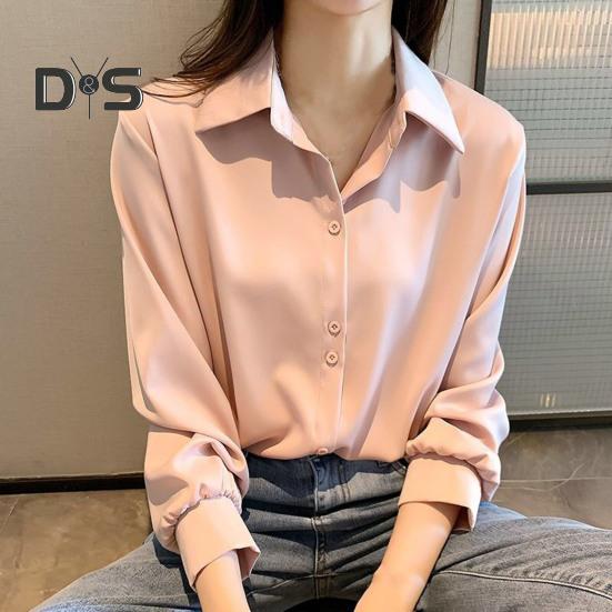 Women Shirt Pure Color Single Breasted Turn Down Collar Plus Size Long Sleeve Cardigan Soft Casual OL Commute Bottom Blouse Lady Top