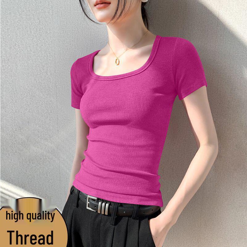 Damen Europäischer Trend Geripptes Quadratischer Ausschnitt Kurzarm T-Shirt - Atmungsaktiv, Anti-Pilling Mode