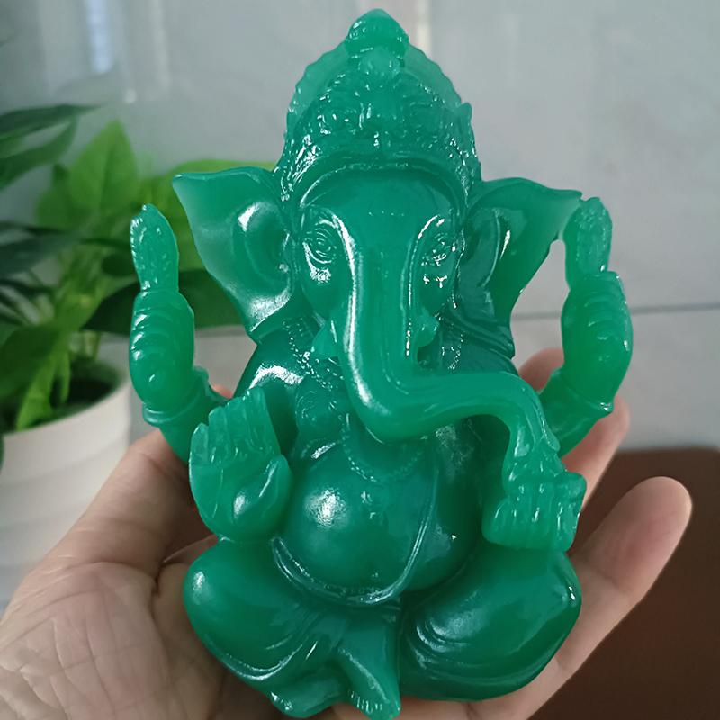 11CM Jade Colour Lord Ganesha Buddha Statue India Elephant God Ganesh Sculpture Buddha Statues Feng Shui Home Garden Decoration