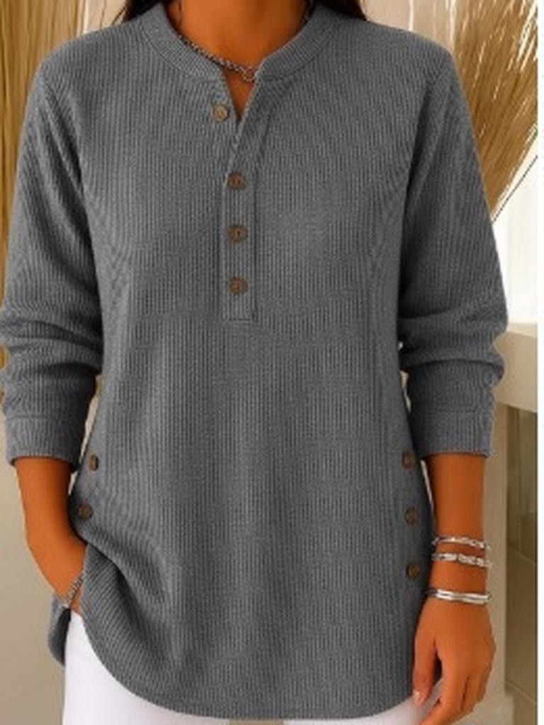 Autumn New Style Velvet Solid Loose Casual V-Neck Button Long Sleeve Women's Top T-Shirt