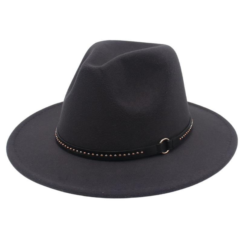European And American Style Big-Brimmed Top Hat, Metal Ring, Rivet, Belt Accessories, Felt Hat, Light Top Fedora Hat, Foreign Trade Monochrome Hat