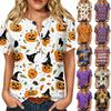 Women's Halloween Print V Neck Short Sleeve Button Detail Three Quarter Sleeve T Shirt Top Casual Fashion