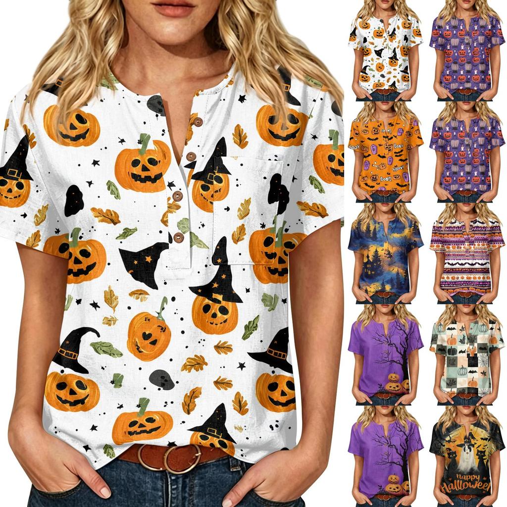 Women's Halloween Print V Neck Short Sleeve Button Detail Three Quarter Sleeve T Shirt Top Casual Fashion
