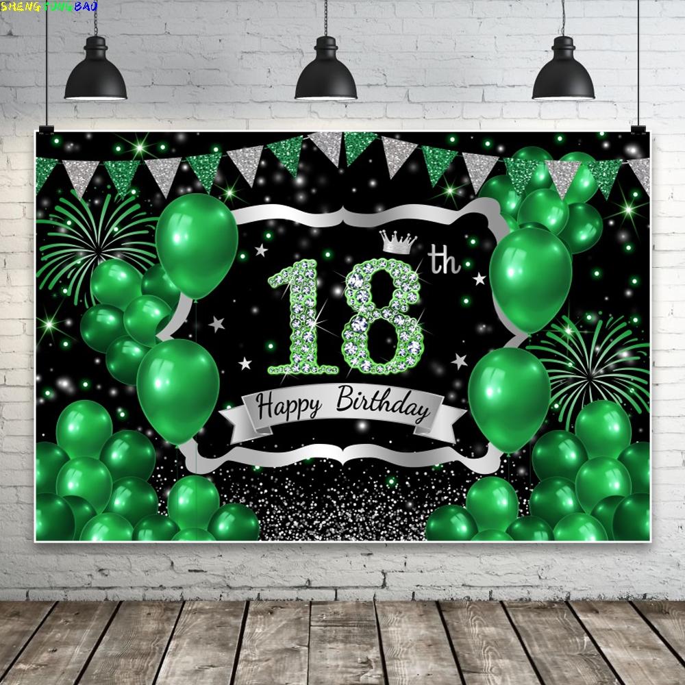 Happy 18th Birthday Photo Backdrop Green Balloons Theme Girl Boy 18 Years Old Birthday Party Decoration Photography Background