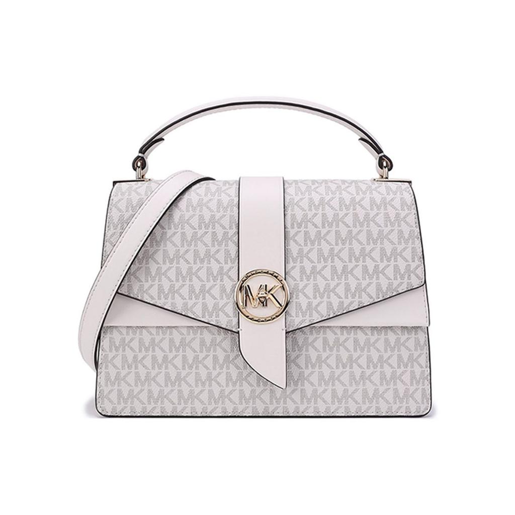 Michael Kors MK Greenwich Monogram Logo Print Flap Fashion Casual Commuter Leather Shoulder Tote Bag Medium Women bags 30H1GGRS2V-VAN-CREAM