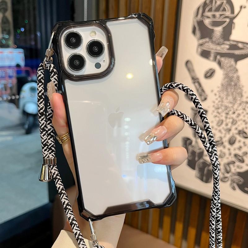 Lanyard Transparent Case For iPhone 15 Pro 14 13 12 11 Pro Max XR X XS Plus Crossbody Cord Four Corners Strap Shockproof Cover