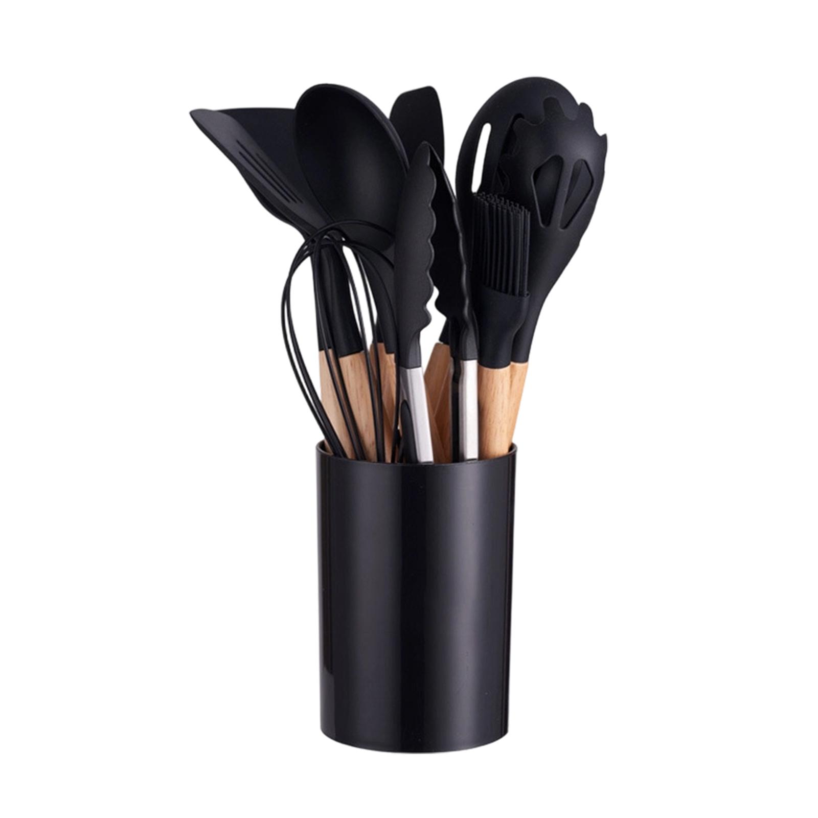 Kitchen Utensils Set 12 Pieces Nonstick Silicone Cooking Utensils Wood Handle Silicone Cooking Utensils Set With Holder Dishwasher Safe One Size чёрный