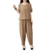 Women's Cotton Linen 2-Piece Outfit Casual Short Sleeve Crew Neck Top And Long Pants