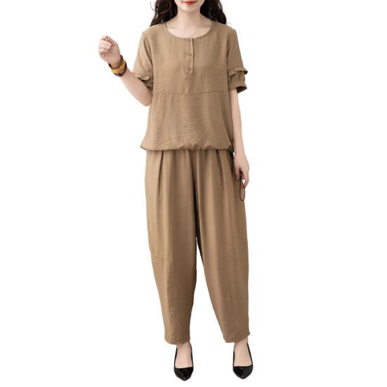 Women's Cotton Linen 2-Piece Outfit Casual Short Sleeve Crew Neck Top And Long Pants