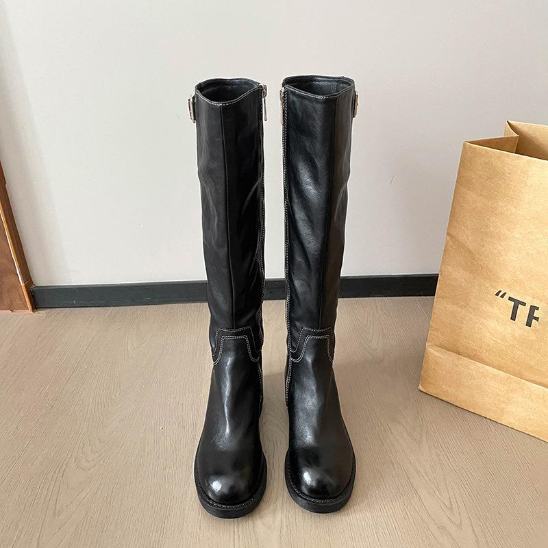 Cowhide version~ retro thick-soled knight grape mother, the same high-heeled pleated soft leather round head high tube widened long boots for women