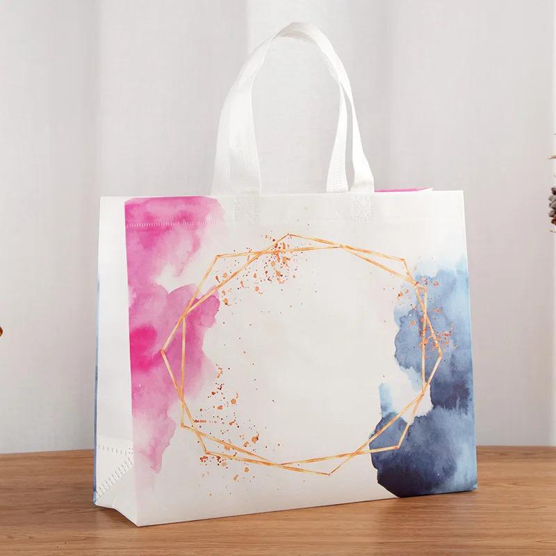10PCS Rose Printing Packaging Shopping Bag Handle Waterproof Non Woven Fabric Gift Bags Black Clothing Store HandBag