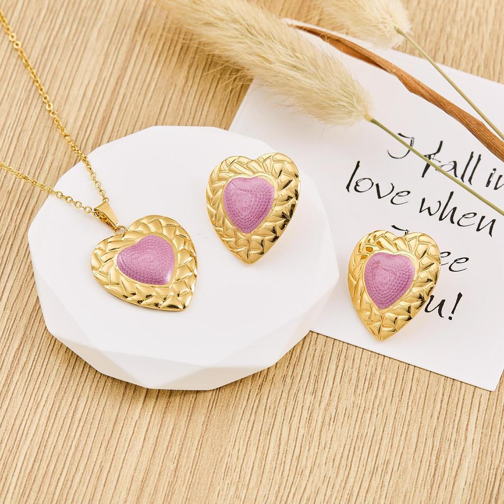 Heart-Shaped Women's Stud Earrings with Light Luxury Gem and Stainless Steel Heart Necklace