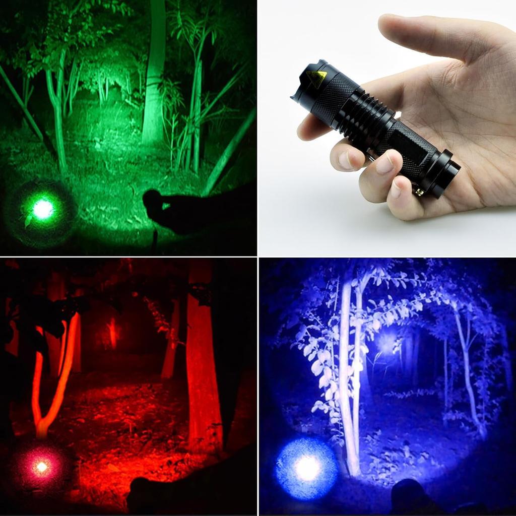 3 Pack Red Green Blue Light Bright Small Flashlights, LED Mini Flashlight High Lumens Pen Light with 3 Modes, Zoomable Torch with Clip, Flashlight